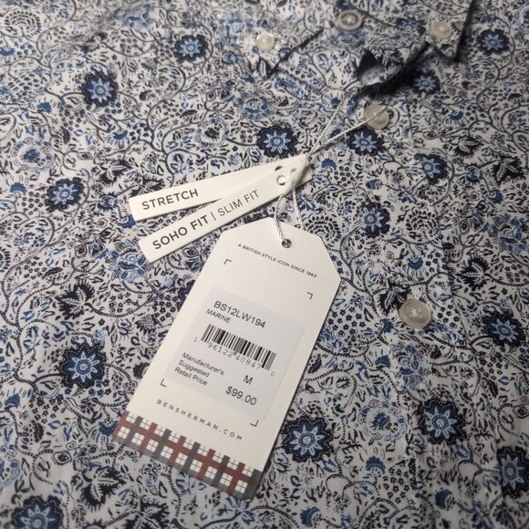 Ben Sherman Mens Medium Button Down Stretch Dress Shirt White Floral NWT - Picture 4 of 7